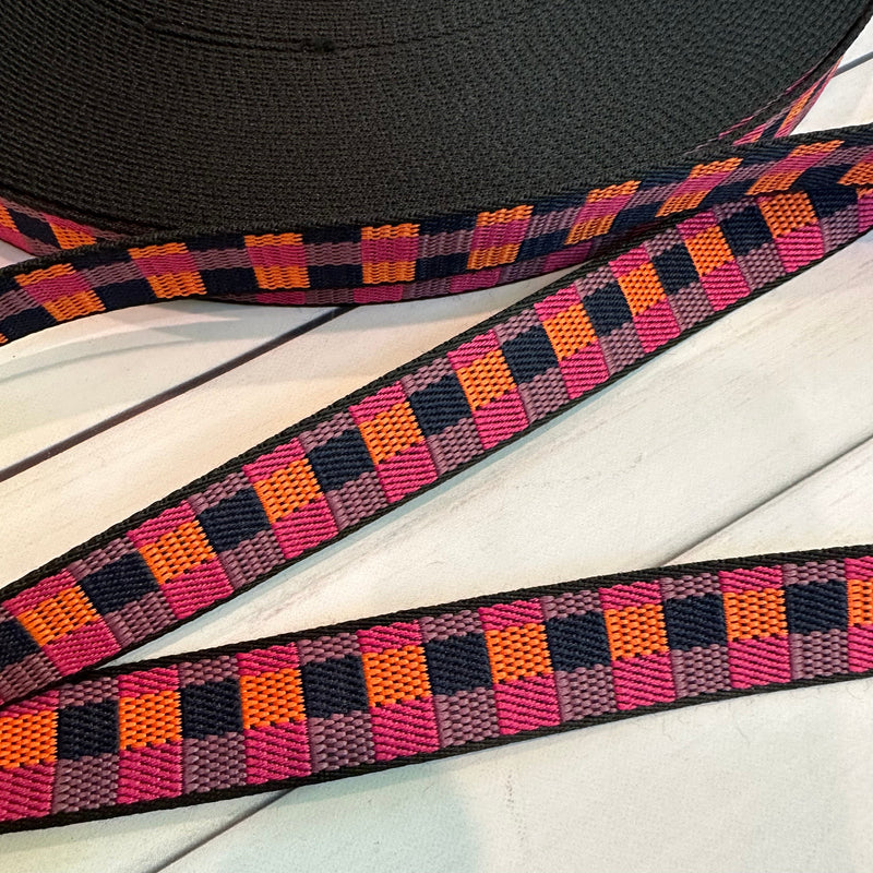 1" Webbing: Picnic in Black, Raspberry, Orange, Navy & Purple