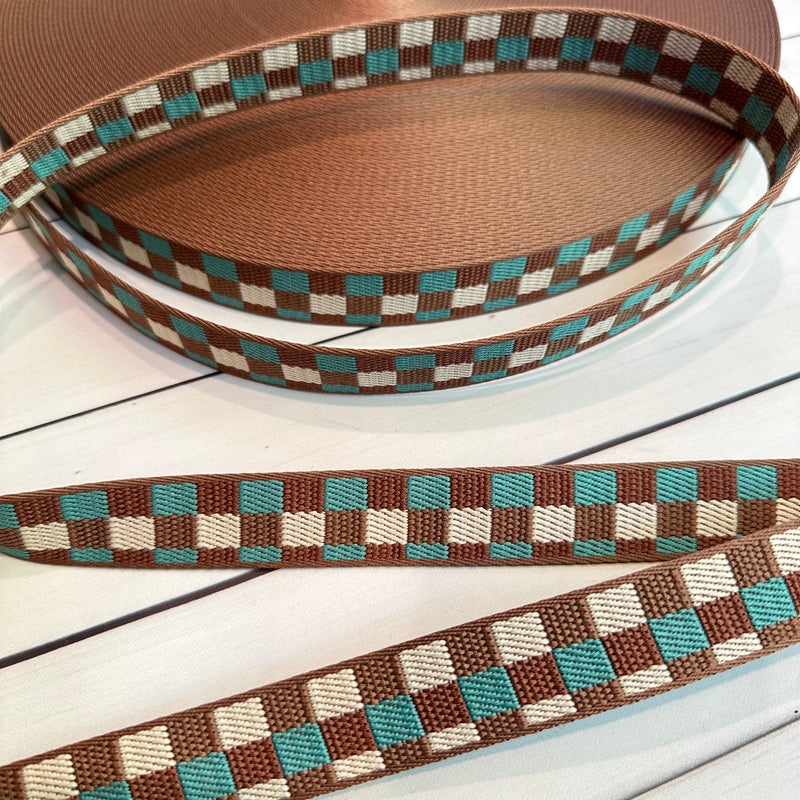 1" Webbing: Picnic in Brown, Aqua and Cream