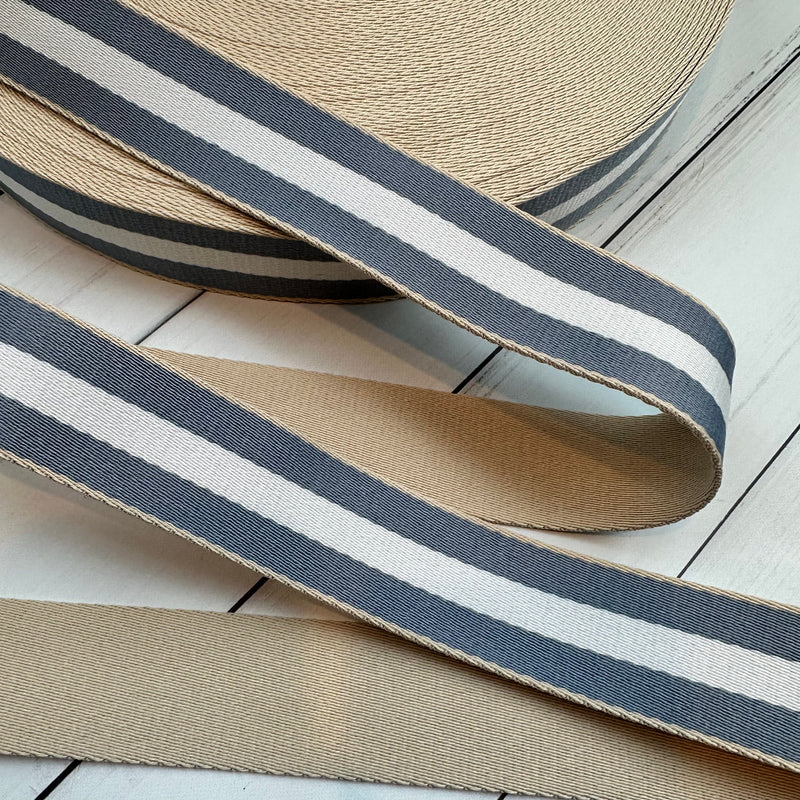 Stripe Webbing: Blue & White on Beige